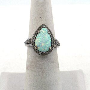 Estate Sterling Silver 925 Pear Opal Halo Ring w/ CZ Accents, Size 6, 4.5g